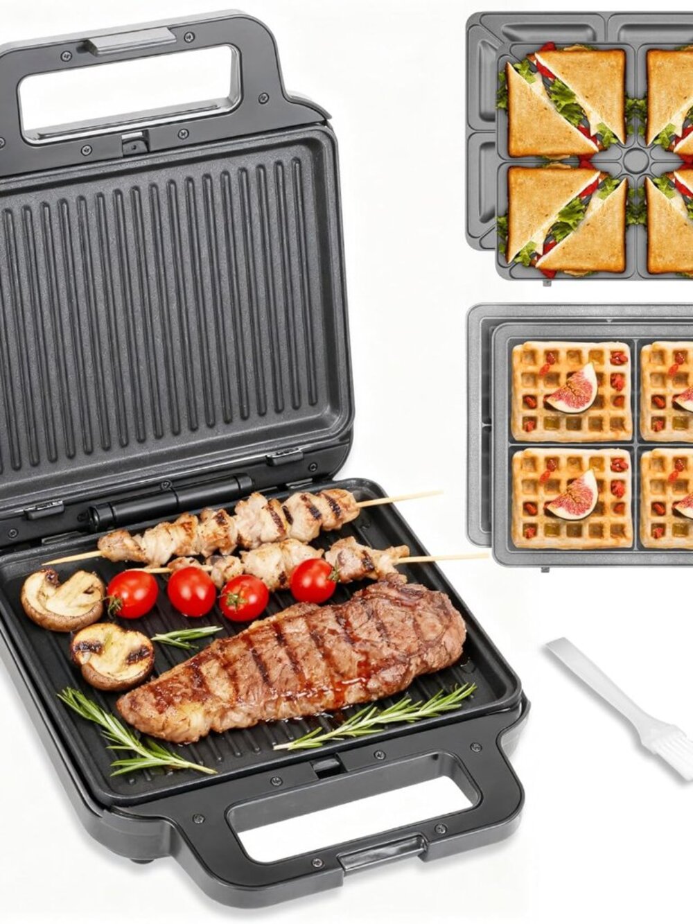 FineMade 3 in 1 Panini Grill Press with 3 Removable Plates, Breakfast Sandwich